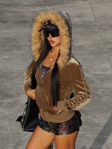 Rina Fox 女士新款Y2K复古性感修身天鹅绒连帽长袖纯色卫衣外套，复古连帽毛领口袋长袖拼接罗纹上衣外套，适合街头、学校、派对穿着，四季皆宜的薄款外套 - 軍綠色 - 查看 4