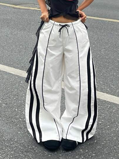 Coolane Women's Spring/Summer Spring And Summer Concert Streetwear Going Out Color-Blocked Parachute   Black Woven Tape White Pants