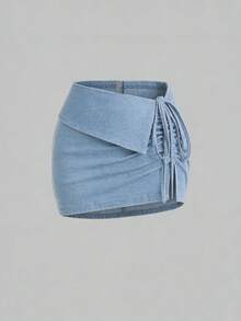 SHEIN MOD Women's Denim Skirt With Side Drawstring And Side Slit Hem, Fashionable - Blue - View 1