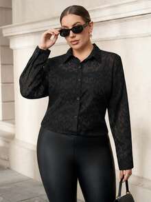 Chikora 大码女士优雅长袖衬衫，轻薄透气，黑色，适合工作和通勤，秋冬季穿着 - 黑色 - 查看 4