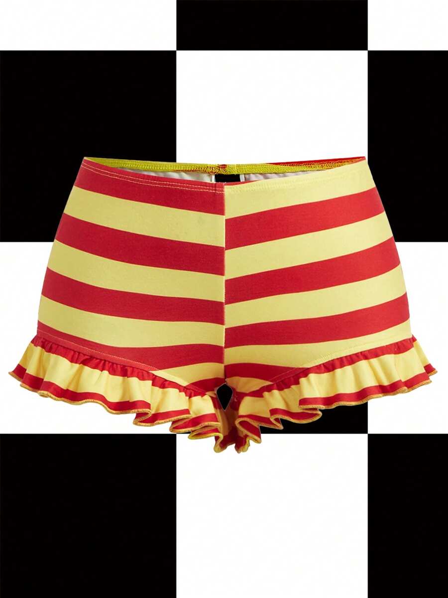 Y2Kool Maria Clara Maia Y2K撞色条纹荷叶边低腰修身短裤，女士休闲街头风，适合春夏派对、度假、日常穿着 - 彩色 - 查看 1