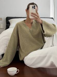 Livesso Damen Loose Fit V-Ausschnitt Strickpullover, Business Lässig, modischer Street-Style, Unifarbe, geeignet für Herbst/Winter, Neujahr, Weihnachten - Braun - Übersicht 6