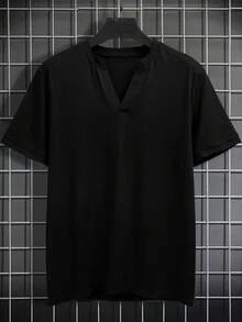 Manfinity Men's Solid Color V-Neck Casual Versatile Commute Short Sleeve T-Shirt - Black - View 1