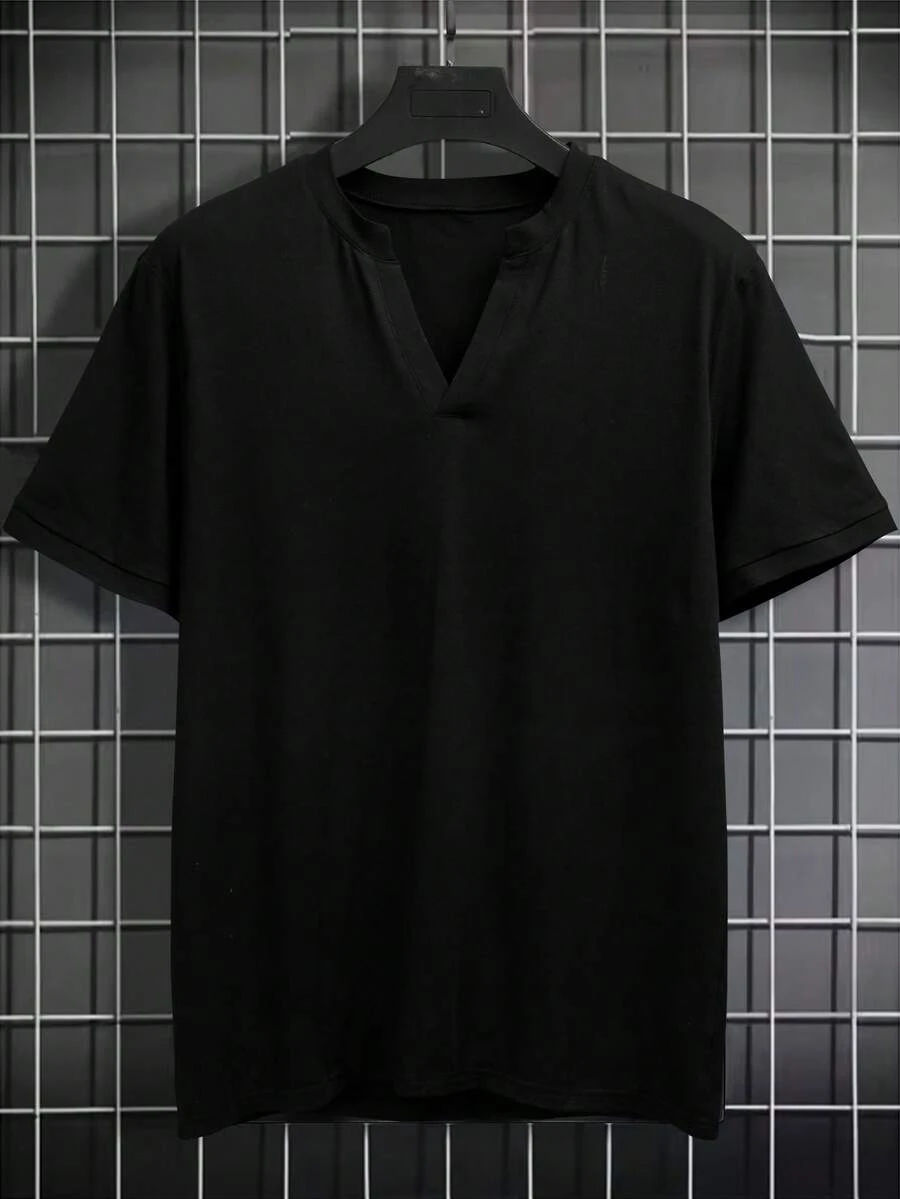Manfinity Men's Solid Color V-Neck Casual Versatile Commute Short Sleeve T-Shirt - Black - View 1