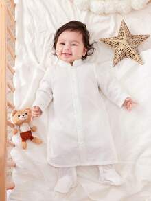 SHEIN 2pcs Newborn Baby Boy Autumn White Long Robe Shirt & Black Vest Set,Baptism,Wedding & Performance - Multicolor - View 12