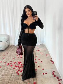 SHEIN SXY Women's Solid Color Mesh Patchwork Sexy Sheer Party Mini Skirt,Valentine's Day,Black ,Mesh ,Black Skirt ,Sheer ,Club , Sexy Skirt , Black Skirt, Black Skirt Set, Sexy Skirt , - Black - View 8