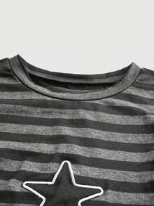 ROMWE Grunge Punk Women's Side Drawstring Striped Print Star Embroidery Skinny Round Neck T-Shirt, School - Black - View 5