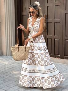 Breezaya Women's White And Brown Paisley Printed Maxi Dress,Boho Sleeveless V-Neck Fringe Rope A-Line Summer Vacation Holiday Dress,Vintage Elegant Beach Gown - Multicolor - View 5