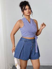 Elenzga Quần short denim mùa hè cỡ lớn, kiểu dáng thường ngày. - Rửa trung bình - Xem 6