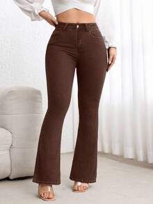 Flexra Plus Size High Waist Slim Fit Flare Leg Washed Dark Blue Jeans - Coffee Brown - View 6