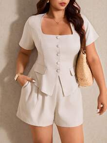 Elaquor Plus Size Summer Elegant White Semi Formal 2 Piece Shorts Set Women's Solid Color Shirt & Shorts Office Wear Casual Formal Outfit Spring Clothes - Apricot - View 6