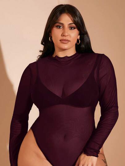 SHEIN BAE Plus Size Women Black Mesh See-Through Bodysuit Body Suits For Women One Piece Body Suit Black Bodysuit Body Stocking Plus Size Body Con Curve Bodysuits Concert Bodysuit Christmas Outfit Women Casual And Tight Body Suit Sxy Bodysuit Plus Long Sleeve Body Suit Turtle Neck Bodysuit Plus Sheer Body Suit Office Wear Women