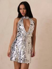 SHEIN Glamour Women's Silver Sequin Mini Dress,Halter Hollow Out Disco Party Night Out Dress,70s Bling Summer Fashionable Club Wedding Birthday Outfit - Silver - View 6
