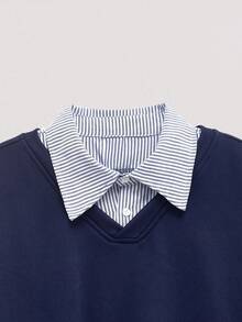 Open Phase 男士休闲拼接条纹纽扣领长袖polo衫，适合秋、冬、春季穿着 - 藏蓝色 - 查看 3