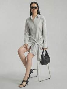 Ontre 女式条纹落肩长袖单排扣前结衬衫裙 - 藍白色 - 查看 2