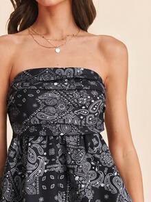 Coeurva 女士修身无肩带印花梭织上衣，适合春夏度假穿着 - 黑與白 - 查看 6