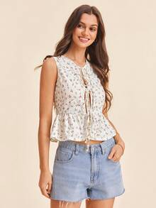 Coeurva 女士印花系带圆领休闲衬衫 - 鵝黃色 - 查看 6