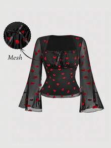 SHEIN MOD 加大码爱心网纱T恤，情人节T恤，约会T恤，女士黑色文胸罩杯褶皱方领喇叭袖T恤，春季，女士外出上衣。假日袖子薄纱上衣 - 黑色 - 查看 7