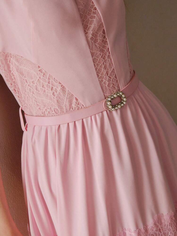 WOMEN'S ELEGANT SLEEVELESS LACE PATCHWORK ROUND NECK CINCHED WAIST LONG DRESS, PINK