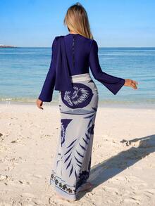 Swim Mulvari Bộ đồ bơi Burkini tay loe 3 món dành cho nữ đi biển - Màu xanh hải quân - Xem 2