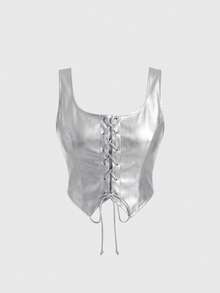 SHEIN MOD Áo tank top nữ cỡ lớn, cài khuy, vạt áo bất đối xứng, buộc dây phía trước, chất liệu da cao cấp mờ, có thể mặc trong và ngoài nhà, thích hợp cho trang phục xuân hè, đi nghỉ mát, dự tiệc, tiệc vườn, tiệc sang trọng, đi chơi, đi biển, kỳ nghỉ hè, lễ hội, dã ngoại, sinh nhật, dễ thương, phong cách Y2K, Boho, miền Tây, áo màu bạc, áo corset cho nữ, áo buộc dây, corset nữ, corset buộc dây. - Bạc - Xem 1