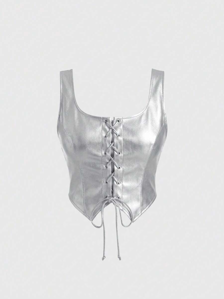 SHEIN MOD Áo tank top nữ cỡ lớn, cài khuy, vạt áo bất đối xứng, buộc dây phía trước, chất liệu da cao cấp mờ, có thể mặc trong và ngoài nhà, thích hợp cho trang phục xuân hè, đi nghỉ mát, dự tiệc, tiệc vườn, tiệc sang trọng, đi chơi, đi biển, kỳ nghỉ hè, lễ hội, dã ngoại, sinh nhật, dễ thương, phong cách Y2K, Boho, miền Tây, áo màu bạc, áo corset cho nữ, áo buộc dây, corset nữ, corset buộc dây. - Bạc - Xem 1