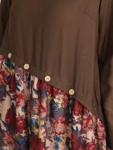 Lacomfia 女士休闲印花拼接纯色圆领长袖宽松常规中长连衣裙，春秋季款 - 彩色 - 查看 7