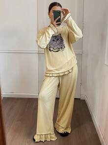 DAZY 2pcs Cat Pattern Loose Long Sleeve Frill Trim Pajama Set For Women - Yellow - View 6