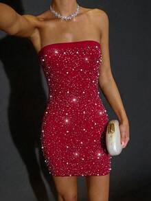 SHEIN BAE Red Heavily Embellished Rhinestone Mini Dress, Bustier Style Solid Summer 70s Party,Formal Event Gala Festival Halloween Christmas Mini Dress - Red - View 5