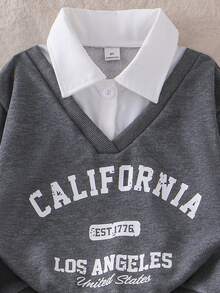 SHEIN 女童时尚宽松休闲翻领上衣 + 条纹格纹百搭A字裙，学院风 - 灰色 - 查看 5