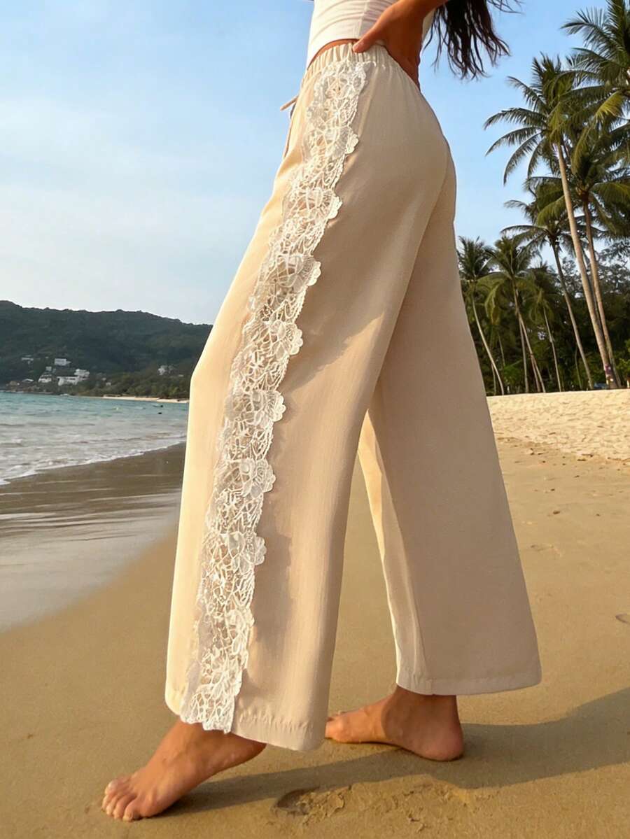 Nevyona Women's Drawstring Elastic Waist Lace Trim Loose Wide Leg Pants, Beige Boho Beach Holiday Autumn Casual Vacation Cream Pants - Apricot - View 1