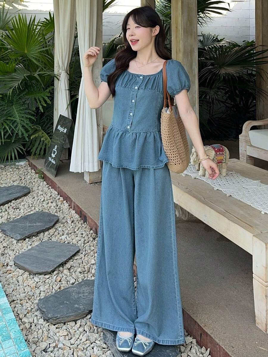 DAZY Women's Denim Collared Short Sleeve Top And Loose Straight Leg Pants Casual Denim Suit - Medium Wash - View 1