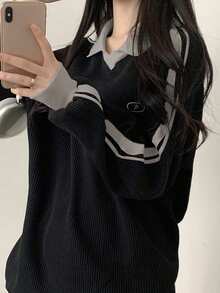 DAZY Women's Colorblock Letter Graphic Pullover Sweatshirt, Collegiate Style - Black - View 4