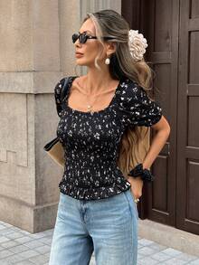 Pariaura Women's All-Over Print Square Collar Casual Short Sleeve Shirt - Black - View 1