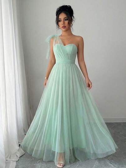 SHEIN Elenzya Sleeveless Mesh Tube Bowknot Waist A-Line Elegant Romantic Sophisticated Dress For Women, Suitable For Weddings, Gatherings, And Parties