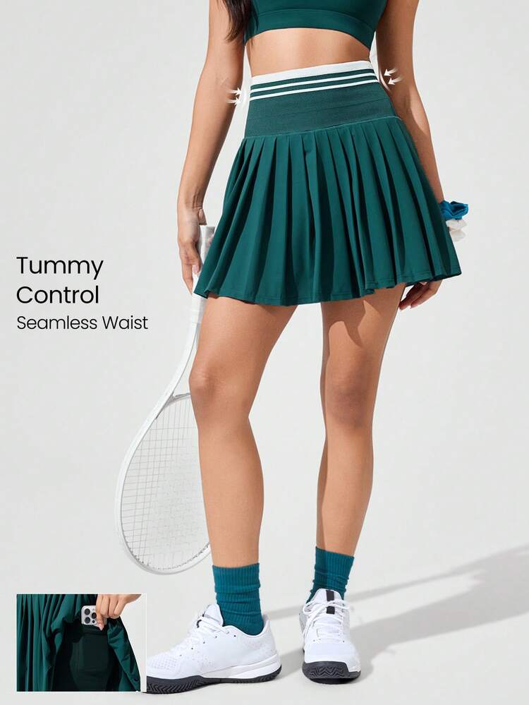 Cool Feel Tummy Control Seamless Waist Pleated Skirt With Built-In Shorts Side Pockets Non-Slip Grips Tennis Golf Gym Daily Casual