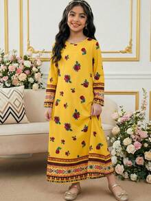 Tween Girls Yellow Autumn Boho Family Matching Casual Floral & Print Long Sleeve Robe,Vintage Elegant Kaftan Traditional Arabic Style Patterned Dress - Multicolor - View 4