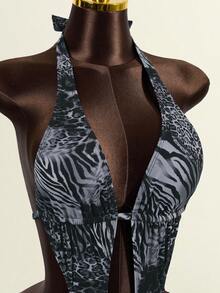 Zestiva 2件套女士26SS新款动物纹性感优雅个性化连体连衣裙带罩衫，沙滩派对度假风连体泳衣套装，情人节，狂欢节 - 彩色 - 查看 6
