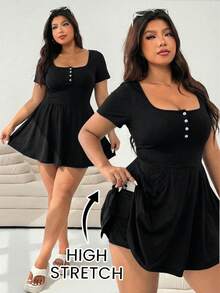 Solflare Bộ áo liền quần ngắn tay màu đen cổ vuông cỡ lớn dành cho nữ, thích hợp cho mùa hè. - màu đen - Xem 1