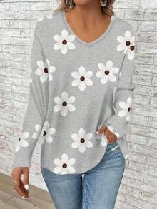 EMERY ROSE Plus Size Women V-Neck Floral Print Casual Loose Long Sleeve T-Shirt,Vacation/Summer/Spring - Grey - View 4