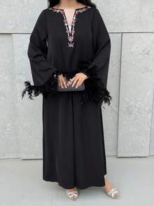 Al Najma 女士优雅水钻装饰阿拉伯风格连衣裙 - 黑色 - 查看 8