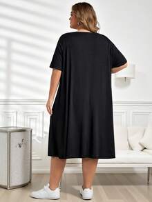 SHEIN CURVE+ CURVE PLUS /Valentine's Day/Plus Size Comfortable Stretchy Long Short Sleeve Black Casual Dress, Versatile For Summer