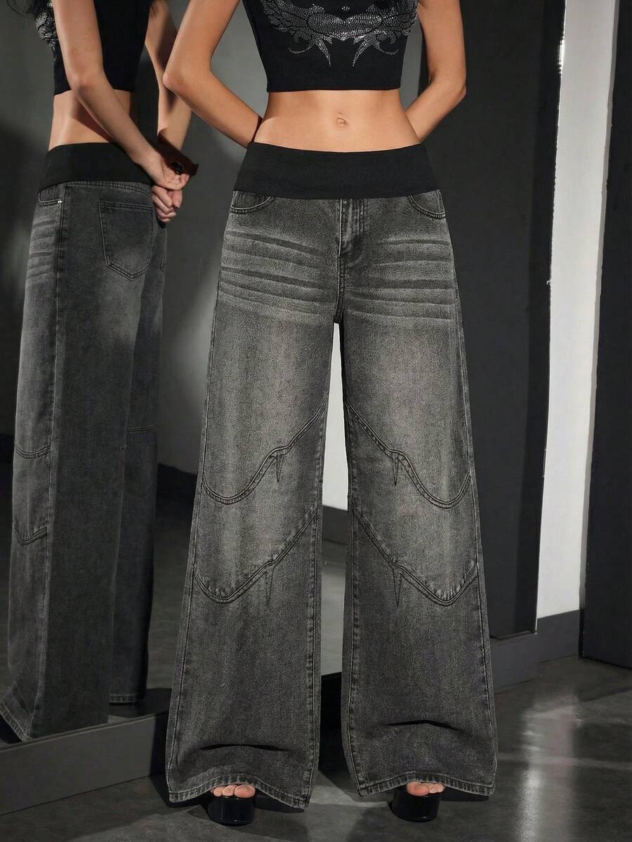 SHEIN Unity Quần jean ống rộng dáng suông, phối màu đa năng dành cho nữ, thích hợp mặc đi làm. - Màu xám đen - Xem 1