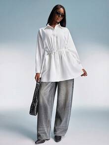 Aveloria GENKIRA New Oversized Simple White Casual Loose Dual Pocket Cinched Waist Versatile Long Sleeve Dress - White - View 2