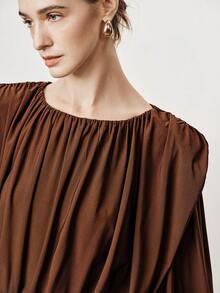SHEIN Stylify Women's Coffee Brown Elegant Long Sleeve Blouse,Autumn Office Business Casual Ruched Round Neck Shirt,French Vintage Elastic Lined Versatile Top - Brown - View 7