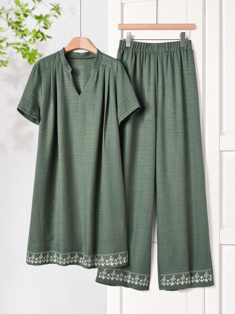 Rusticease Women's V-Neck Geometric Print Long Sleeve Top And Wide Leg Pants Casual Outfit - Army Green - View 1