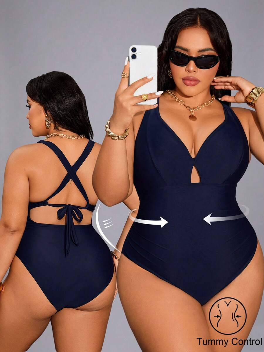 Shapewave Áo tắm liền thân hở lưng màu trơn cỡ lớn - Màu xanh hải quân - Xem 1