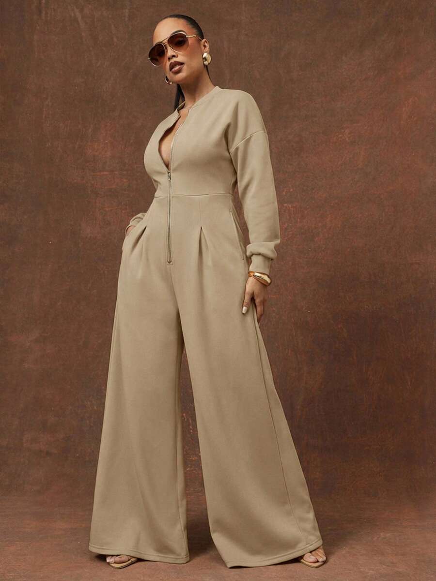 Vixey Solid Color Heavy Weight Fleece Sweatshirt Long Sleeve Wide Leg Jumpsuit - Apricot - View 1