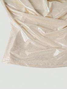 Modelyn Sexy Backless Draped Neck Glitter Draped Women Top - Champagne - View 8