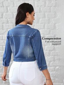 Flexra 女士休闲水洗短款牛仔外套 - 藍色 - 查看 2